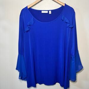 Susan Graver Tunic Cobalt Blue Ruffle Bell Sleeve Slinky Knit Dressy Office 2X